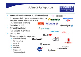 Sobre a Panopticon

Expert em Monitoramento & Análises de dados
Presença Global: Estocolmo, Londres, Boston &
New York e Rede Global de Parceiros
(Representação no Brasil)
Fundada em 1999
Constante evolução:
 5a. Geração de produtos
.NET ou Java
Clientes em todos os segmentos:
    Bens de Consumo
    Farmacêutico
    Governo
    Finanças
    Industrias
    Engenharia
    Telecomunicações
 