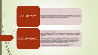 •la fiscalización del trabajo asignado a los Organos de Búsqueda y comprende
el seguimiento progresivo de la labor desarrollada por éstos, analizando los
resultados parciales para efectuar los ajustes necesarios.
CONTROLES
•HOJA DE TRABAJO DE BÚSQUEDA
•Es un documento que facilita el planeamiento y supervisión de las actividades
de Búsqueda de Información. Debe cubrir toda una operación y ser un trabajo
continuo.
•Cuando se está apreciando una situación o realizando una operación de
búsqueda, cada interrogante sin respuesta automáticamente se convierte en
un EEI u ONI los que analizados dan lugar a determinados "indicadores" (que
pueden ser preguntas específicas respecto a cada EEI) que servirán de base
para la formulación de Ordenes de Búsqueda y Pedidos de Información.
•PEDIDOS DE INFORMACIÓN Y ORDENES DE BÚSQUEDA
•Son documentos por los cuales se ordena o solicita a los órganos
correspondientes la búsqueda de información específica.
DOCUMENTOS
 