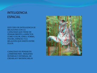 INTELIGENCIA ESPACIALESTE TIPO DE INTELIGENCIA SE RELACIONA CON LA CAPACIDAD QUE TIENE DE PENSAR FRENTE A ASPECTOS COMO COLOR, LÍNEA, FORMA, FIGURA, ESPACIO, Y LA RELACIÓN QUE EXISTE ENTRE ELLOS.CAPACIDAD DE PENSAR EN         3 DIMENSIONES , IMÁGENES INTERNAS Y EXTERNAS, DE CREARLAS Y MODIFICARLAS