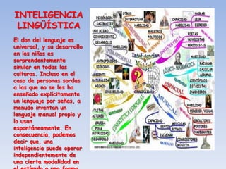 INTELIGENCIA
 LINGÜÍSTICA
El don del lenguaje es
universal, y su desarrollo
en los niños es
sorprendentemente
similar en todas las
culturas. Incluso en el
caso de personas sordas
a las que no se les ha
enseñado explícitamente
un lenguaje por señas, a
menudo inventan un
lenguaje manual propio y
lo usan
espontáneamente. En
consecuencia, podemos
decir que, una
inteligencia puede operar
independientemente de
una cierta modalidad en
 