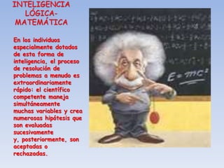 INTELIGENCIA
   LÓGICA-
 MATEMÁTICA

En los individuos
especialmente dotados
de esta forma de
inteligencia, el proceso
de resolución de
problemas a menudo es
extraordinariamente
rápido: el científico
competente maneja
simultáneamente
muchas variables y crea
numerosas hipótesis que
son evaluadas
sucesivamente
y, posteriormente, son
aceptadas o
rechazadas.
 