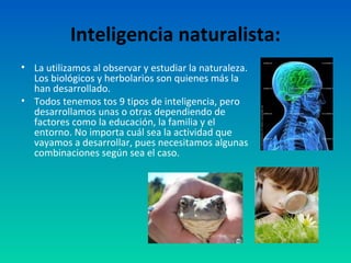 Inteligencia naturalista:
• La utilizamos al observar y estudiar la naturaleza.
  Los biológicos y herbolarios son quienes más la
  han desarrollado.
• Todos tenemos tos 9 tipos de inteligencia, pero
  desarrollamos unas o otras dependiendo de
  factores como la educación, la familia y el
  entorno. No importa cuál sea la actividad que
  vayamos a desarrollar, pues necesitamos algunas
  combinaciones según sea el caso.
 