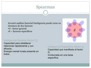 Spearman
Inventó análisis factorial Inteligencia puede verse en
términos de dos factores
•G –factor general
•S – factores específicos
Inteligencia General (factor G)
Capacidad para establecer
relaciones rápidamente y con
eficacia.
Energía mental innata presente en
todos.
Inteligencia Específica (factor s)
Capacidad que manifiesta al factor
G.
Involucrada en una tarea
específica.
 
