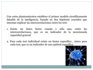 Con estos planteamientos establece el primer modelo científicamente
falsable de la inteligencia, basado en dos hipótesis cruciales que
intentan explicar las intercorrelaciones entre los test:
1. Existe un único factor común y sólo uno, entre las
intercorrelaciones, que es un indicador de la mencionada
capacidad general
2. Para cada test individual existe un factor específico , único para
cada test, que es un indicador de una aptitud específica.
 