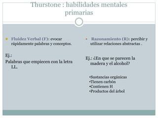 Thurstone : habilidades mentales
primarias
 Razonamiento (R): percibir y
utilizar relaciones abstractas .
Ej.: ¿En que se parecen la
madera y el alcohol?
 Fluidez Verbal (F): evocar
rápidamente palabras y conceptos.
Ej.:
Palabras que empiecen con la letra
LL.
•Sustancias orgánicas
•Tienen carbón
•Contienen H
•Productos del árbol
 