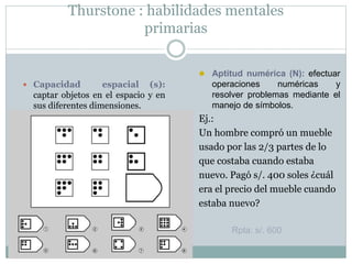 Thurstone : habilidades mentales
primarias
 Capacidad espacial (s):
captar objetos en el espacio y en
sus diferentes dimensiones.
 Aptitud numérica (N): efectuar
operaciones numéricas y
resolver problemas mediante el
manejo de símbolos.
Ej.:
Un hombre compró un mueble
usado por las 2/3 partes de lo
que costaba cuando estaba
nuevo. Pagó s/. 400 soles ¿cuál
era el precio del mueble cuando
estaba nuevo?
Rpta: s/. 600
 