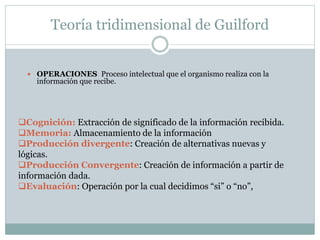Teoría tridimensional de Guilford
 OPERACIONES: Proceso intelectual que el organismo realiza con la
información que recibe.
Cognición: Extracción de significado de la información recibida.
Memoria: Almacenamiento de la información
Producción divergente: Creación de alternativas nuevas y
lógicas.
Producción Convergente: Creación de información a partir de
información dada.
Evaluación: Operación por la cual decidimos “si” o “no”,
 