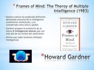 *
- Nuestra cultura ha producido definición
demasiado estrecha de la inteligencia
(coeficiente intelectual), y es
considerada como única y global

- Gardner propone la existencia de al

menos 8 inteligencias básicas que van
más allá de los límites del coeficiente

- Afirma que todos tenemos múltiples
inteligencias

*

 