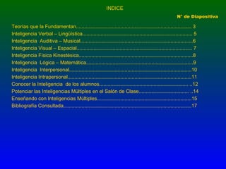 INDICE
N° de Diapositiva

Teorías que la Fundamentan................................................................................... 3
Inteligencia Verbal – Lingüística............................................................................... 5
Inteligencia Auditiva – Musical.................................................................................6
Inteligencia Visual – Espacial................................................................................... 7
Inteligencia Física Kinestésica..................................................................................8
Inteligencia Lógica – Matemática.............................................................................9
Inteligencia Interpersonal........................................................................................10
Inteligencia Intrapersonal.........................................................................................11
Conocer la Inteligencia de los alumnos................................................................ ..12
Potenciar las Inteligencias Múltiples en el Salón de Clase.................................... ..14
Enseñando con Inteligencias Múltiples....................................................................15
Bibliografía Consultada............................................................................................17

 