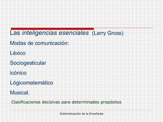 Las  inteligencias esenciales   (Larry Gross) Modas de comunicación:  Léxico Sociogesticular icónico Lógicomatemático Musical. Clasificaciones decisivas para determinados propósitos 