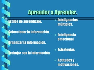 Aprender a Aprender. Estilos de aprendizaje. Seleccionar la información. Organizar la información. Trabajar con la información. Inteligencias múltiples. Inteligencia emocional. Estrategias. Actitudes y motivaciones .   