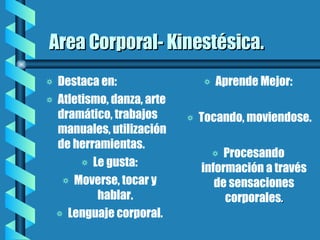 Area Corporal- Kinestésica. Destaca en: Atletismo, danza, arte dramático, trabajos manuales, utilización de herramientas. Le gusta: Moverse, tocar y hablar. Lenguaje corporal. Aprende Mejor: Tocando, moviendose. Procesando información a través de sensaciones corporales . 