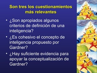 Son tres los cuestionamientos más relevantes ¿Son apropiados algunos criterios de definición de una inteligencia? ¿Es cohesivo el concepto de inteligencia propuesto por Gardner? ¿Hay suficiente evidencia para apoyar la conceptualización de Gardner? 