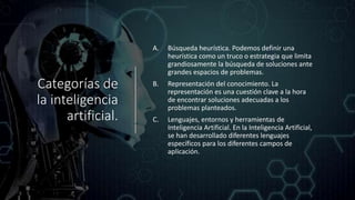 Categorías de
la inteligencia
artificial.
A. Búsqueda heurística. Podemos definir una
heurística como un truco o estrategia que limita
grandiosamente la búsqueda de soluciones ante
grandes espacios de problemas.
B. Representación del conocimiento. La
representación es una cuestión clave a la hora
de encontrar soluciones adecuadas a los
problemas planteados.
C. Lenguajes, entornos y herramientas de
Inteligencia Artificial. En la Inteligencia Artificial,
se han desarrollado diferentes lenguajes
específicos para los diferentes campos de
aplicación.
 