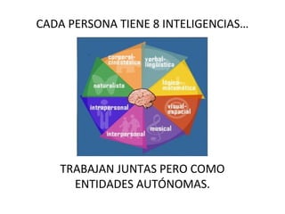 CADA PERSONA TIENE 8 INTELIGENCIAS… 
TRABAJAN JUNTAS PERO COMO 
ENTIDADES AUTÓNOMAS. 
 
