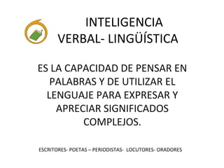 INTELIGENCIA 
VERBAL- LINGÜÍSTICA 
ES LA CAPACIDAD DE PENSAR EN 
PALABRAS Y DE UTILIZAR EL 
LENGUAJE PARA EXPRESAR Y 
APRECIAR SIGNIFICADOS 
COMPLEJOS. 
ESCRITORES- POETAS – PERIODISTAS- LOCUTORES- ORADORES 
 