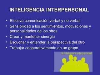 INTELIGENCIA INTERPERSONAL   Efectiva comunicación verbal y no verbal Sensibilidad a los sentimientos, motivaciones y personalidades de los otros Crear y mantener sinergia Escuchar y entender la perspectiva del otro Trabajar cooperativamente en un grupo 