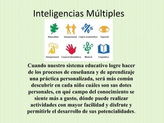 Inteligencias Múltiples Cuando nuestro sistema educativo logre hacer de los procesos de enseñanza y de aprendizaje una práctica personalizada, será más común descubrir en cada niño cuáles son sus dotes personales, en qué campo del conocimiento se siente más a gusto, dónde puede realizar actividades con mayor facilidad y disfrute y permitirle el desarrollo de sus potencialidades. 