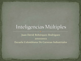 Juan David Bohórquez Rodríguez 20111120112 Escuela Colombiana De Carreras Industriales Inteligencias Múltiples  