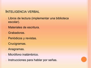 INTELIGENCIA VERBAL
o   Libros de lectura (implementar una biblioteca
    escolar).
o   Materiales de escritura.
o   Grabadoras.
o   Periódicos y revistas.
o   Crucigramas.
o   Anagramas.
o   Micrófono inalámbrico.
o   Instrucciones para hablar por señas.
 