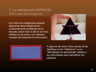 3. La inteligencia ESPACIAL
hábil para las imágenes

Los niños de inteligencia espacial
altamente desarrollada tienen
ocasionalmente problemas en la
escuela, sobre todo si allí no se hace
énfasis en las artes o en métodos
visuales de presentar la información.


                                    A algunos de estos niños quizás se les
                                    clasifique como "disléxicos" o con
                                    "dificultades de aprendizaje" debido a
                                    sus dificultades para decodificar las
                                    palabras.
 