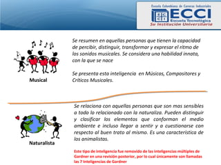 Se resumen en aquellas personas que tienen la capacidad
              de percibir, distinguir, transformar y expresar el ritmo de
              los sonidos musicales. Se considera una habilidad innata,
              con la que se nace

              Se presenta esta inteligencia en Músicos, Compositores y
Musical       Críticos Musicales.



              Se relaciona con aquellas personas que son mas sensibles
              a todo lo relacionado con la naturaliza. Pueden distinguir
              y clasificar los elementos que conforman el medio
              ambiente e incluso llegar a sentir y a cuestionarse con
              respecto al buen trato al mismo. Es una característica de
              los animalistas.
Naturalista
              Este tipo de inteligencia fue removido de las inteligencias múltiples de
              Gardner en una revisión posterior, por lo cual únicamente son llamadas
              las 7 Inteligencias de Gardner
 