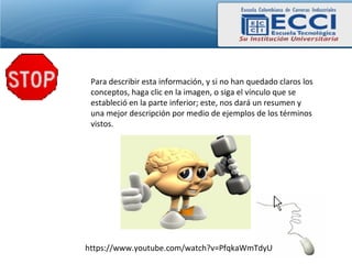 Para describir esta información, y si no han quedado claros los
 conceptos, haga clic en la imagen, o siga el vínculo que se
 estableció en la parte inferior; este, nos dará un resumen y
 una mejor descripción por medio de ejemplos de los términos
 vistos.




https://www.youtube.com/watch?v=PfqkaWmTdyU
 