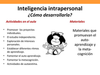 Inteligencia intrapersonal
¿Cómo desarrollarla?
Actividades en el aula
• Promover los proyectos
individuales.
• El estudio independiente.
• Exploración de intereses
personales.
• Establecer diferentes ritmos
de aprendizaje.
• Fomentar el auto aprendizaje.
• Fomentar la metacognición.
• Actividades de autoestima.
Materiales
Materiales que
promuevan el
auto-
aprendizaje y
la meta-
cognición
 