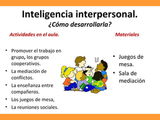 Inteligencia interpersonal.
¿Cómo desarrollarla?
Actividades en el aula.
• Promover el trabajo en
grupo, los grupos
cooperativos.
• La mediación de
conflictos.
• La enseñanza entre
compañeros.
• Los juegos de mesa,
• La reuniones sociales.
Materiales
• Juegos de
mesa.
• Sala de
mediación
 