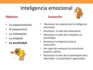 Inteligencia emocional
Objetivos
• La autoconciencia.
• El autocontrol.
• La motivación
• La empatía
• La asertividad
Evaluación
• Reconocer los aspectos de la inteligencia
emocional.
• Reconocer el valor del autocontrol.
• Reconocer el valor de la empatía y la
asertividad.
• Reconocer la importancia de la
motivación.
• Ser capaz de reconocer las emociones
propias y ajenas.
• Reconocer el valor de la asertividad como
alternativa a la pasividad o agresividad.
 