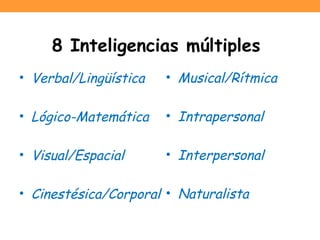 8 Inteligencias múltiples
• Verbal/Lingüística
• Lógico-Matemática
• Visual/Espacial
• Cinestésica/Corporal
• Musical/Rítmica
• Intrapersonal
• Interpersonal
• Naturalista
 