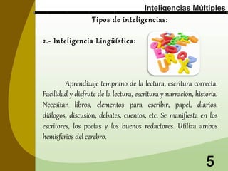 Inteligencias Múltiples

Tipos de inteligencias:
2.- Inteligencia Lingüística:

Aprendizaje temprano de la lectura, escritura correcta.
Facilidad y disfrute de la lectura, escritura y narración, historia.
Necesitan libros, elementos para escribir, papel, diarios,
diálogos, discusión, debates, cuentos, etc. Se manifiesta en los
escritores, los poetas y los buenos redactores. Utiliza ambos
hemisferios del cerebro.

5

 