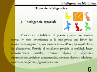Inteligencias Múltiples

Tipos de inteligencias:
3.- Inteligencia espacial:

Consiste en la habilidad de pensar y formar un modelo
mental en tres dimensiones; es la inteligencia que tienen los
marineros, los ingenieros, los cirujanos, los escultores, los arquitectos o
los decoradores. Permite al estudiante percibir la realidad, hacer
reproducciones mentales, reconocer objetos en diferentes
circunstancias, anticipar consecuencias, compara objetos y relacionar
colores, líneas, formas, figuras y espacios.

6

 