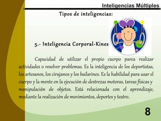 Inteligencias Múltiples

Tipos de inteligencias:

5.- Inteligencia Corporal-Kinestésica:
Capacidad de utilizar el propio cuerpo parea realizar
actividades o resolver problemas. Es la inteligencia de los deportistas,
los artesanos, los cirujanos y los bailarines. Es la habilidad para usar el
cuerpo y la mente en la ejecución de destrezas motoras, tareas físicas y
manipulación de objetos. Está relacionada con el aprendizaje,
mediante la realización de movimientos, deportes y teatro.

8

 