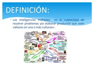 Las inteligencias múltiples es la «capacidad de
resolver problemas y/o elaborar productos que sean
valiosos en una o más culturas».
DEFINICIÓN:
 