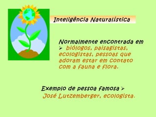Inteligência Naturalística



     Normalmente encontrada em
      biólogos, paisagistas,
     ecologistas, pessoas que
     adoram estar em contato
     com a fauna e flora.



Exemplo de pessoa famosa 
José Lutzemberger, ecologista.
 