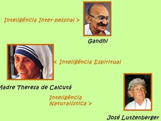 Inteligência Inter-pessoal 



                                 Gandhi



                     Inteligência Espiritual




Madre Theresa de Calcutá
                  Inteligência
                  Naturalística 

                                       José Lutzenberger
 