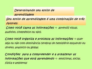 Determinando seu estilo de
aprendizagem
Seu estilo de aprendizagem é uma combinação de três
fatores:
Como você capta as informações  aprendiz visual,
auditivo, cinestético ou tátil.
Como você organiza e processa as informações quer
seja ou não com dominância cerebral do hemisfério esquerdo ou
direito, analítico ou global.
Condições para a compreender e a armazenar as
informações que está aprendendo  emocional, social,
física e ambiental
 