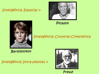 Inteligência Espacial 
 Inteligência Corporal-Cinestética
Picasso
Baryshnikov
Inteligência Intra-pessoal 
Freud
 