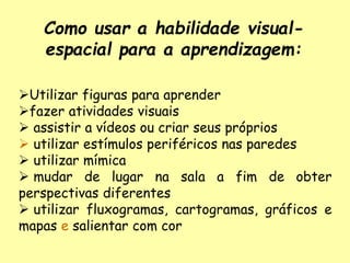 Como usar a habilidade visual-
espacial para a aprendizagem:
Utilizar figuras para aprender
fazer atividades visuais
 assistir a vídeos ou criar seus próprios
 utilizar estímulos periféricos nas paredes
 utilizar mímica
 mudar de lugar na sala a fim de obter
perspectivas diferentes
 utilizar fluxogramas, cartogramas, gráficos e
mapas e salientar com cor
 
