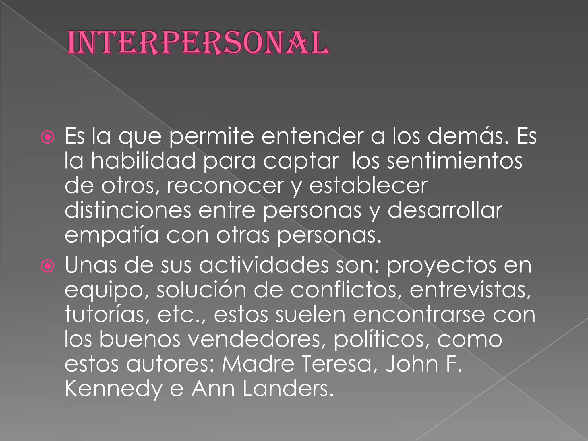 INTERPERSONALEs la que permite entender a los demás. Es la habilidad para captar  los sentimientos de otros, reconocer y establecer distinciones entre personas y desarrollar empatía con otras personas.Unas de sus actividades son: proyectos en equipo, solución de conflictos, entrevistas, tutorías, etc., estos suelen encontrarse con los buenos vendedores, políticos, como estos autores: Madre Teresa, John F. Kennedy e Ann Landers.