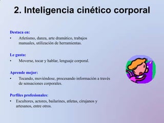 2. Inteligencia cinético corporalDestaca en:Atletismo, danza, arte dramático, trabajos manuales, utilización de herramientas.Le gusta:Moverse, tocar y hablar, lenguaje corporal.Aprende mejor:Tocando, moviéndose, procesando información a través de sensaciones corporales. Perfiles profesionales:Escultores, actores, bailarines, atletas, cirujanos y artesanos, entre otros.