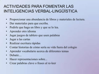 5. Inteligencia espacialEs la capacidad de pensar en tres dimensiones. Aspectos biológicos: El hemisferio derecho (en las personas diestras) demuestra ser la sede más importante del cálculo espacial.Capacidades implicadas: Capacidad para presentar ideas visualmente, crear imágenes mentales, percibir detalles visuales, dibujar y confeccionar bocetos.Habilidades relacionadas: Realizar creaciones visuales y visualizar con precisión.