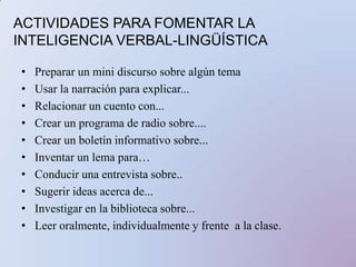 5. Inteligencia espacialDestaca en:Lectura de mapas, gráficos, dibujo, laberintos, puzzles, imaginando cosas, visualizando.Le gusta:Diseñar, dibujar, construir, crear, soñar despierto, mirar dibujos.Aprende mejor:Trabajando con dibujos y colores, visualizando, usando su ojo mental, dibujandoPerfiles profesionales:Artistas, fotógrafos, guías turísticos, pilotos, marinos, escultores, pintores y arquitectos, entre otros.ACTIVIDADES PARA FOMENTAR LA INTELIGENCIA  VISUAL ESPACIALDar una abundancia de materiales para que pueda dibujar, escribir o pintarIntroducirles a las artes gráficasResolver laberintos Crear representación pictórica utilizando cuadro, dibujo o mapa mentalCrear un collage para exponer hechos, conceptos, preguntasCrear trabajos prácticos como videos, fotografías...Crear móviles Crear álbum de fotosUsar color, forma o imágenes para demostrar...