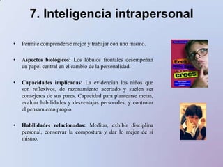 8. Inteligencia naturalistaDestaca en:Entendiendo la naturaleza, haciendo distinciones, identificando la flora y la fauna.Le gusta:Participar en la naturaleza, hacer distinciones.Aprende mejor:Trabajar en el medio natural, explorar seres vivientes, aprender de plantas y animales temas de la naturaleza.Perfiles profesionales:La poseen en alto nivel la gente de campo, botánicos, cazadores, ecologistas y paisajistas, entre otros. ACTIVIDADES PARA FOMENTAR LA INTELIGENCIA NATURALISTAPermitir actividades al aire libre.Fomentar que coleccione flores, hojas, ramitas.Proponer excursiones al campo.