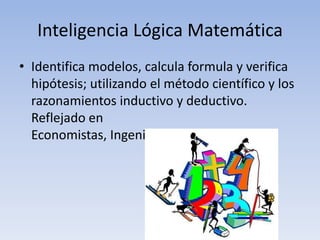 Inteligencia Lógica MatemáticaIdentifica modelos, calcula formula y verifica hipótesis; utilizando el método científico y los razonamientos inductivo y deductivo. Reflejado en Economistas, Ingenieros, Científicos, etc. 