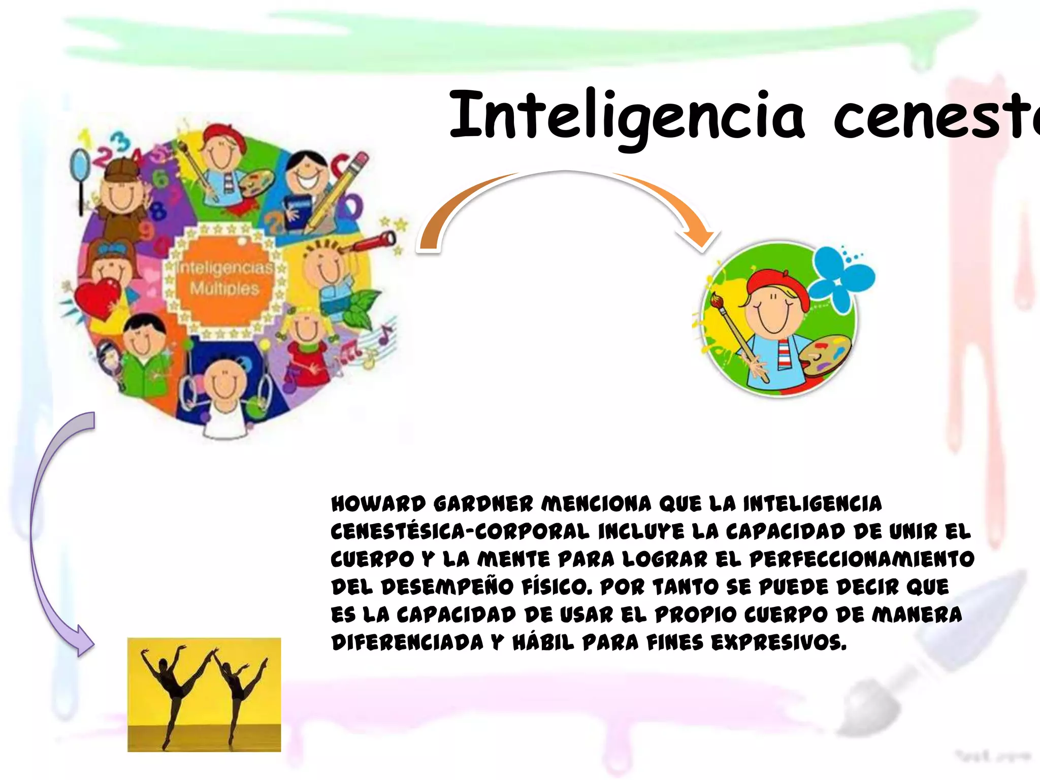 Inteligencia cenesté




Howard Gardner menciona que la Inteligencia
Cenestésica-Corporal incluye la capacidad de unir el
cuerpo y la mente para lograr el perfeccionamiento
del desempeño físico. Por tanto se puede decir que
es la capacidad de usar el propio cuerpo de manera
diferenciada y hábil para fines expresivos.
 