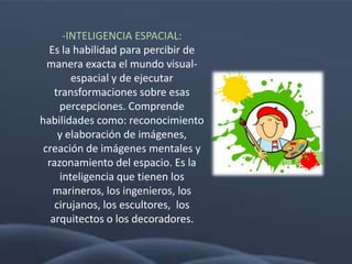-INTELIGENCIA ESPACIAL:
  Es la habilidad para percibir de
  manera exacta el mundo visual-
        espacial y de ejecutar
    transformaciones sobre esas
     percepciones. Comprende
habilidades como: reconocimiento
     y elaboración de imágenes,
 creación de imágenes mentales y
  razonamiento del espacio. Es la
     inteligencia que tienen los
   marineros, los ingenieros, los
    cirujanos, los escultores, los
   arquitectos o los decoradores.
 
