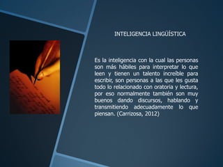 INTELIGENCIA LINGÜÍSTICA



Es la inteligencia con la cual las personas
son más hábiles para interpretar lo que
leen y tienen un talento increíble para
escribir, son personas a las que les gusta
todo lo relacionado con oratoria y lectura,
por eso normalmente también son muy
buenos dando discursos, hablando y
transmitiendo adecuadamente lo que
piensan. (Carrizosa, 2012)
 