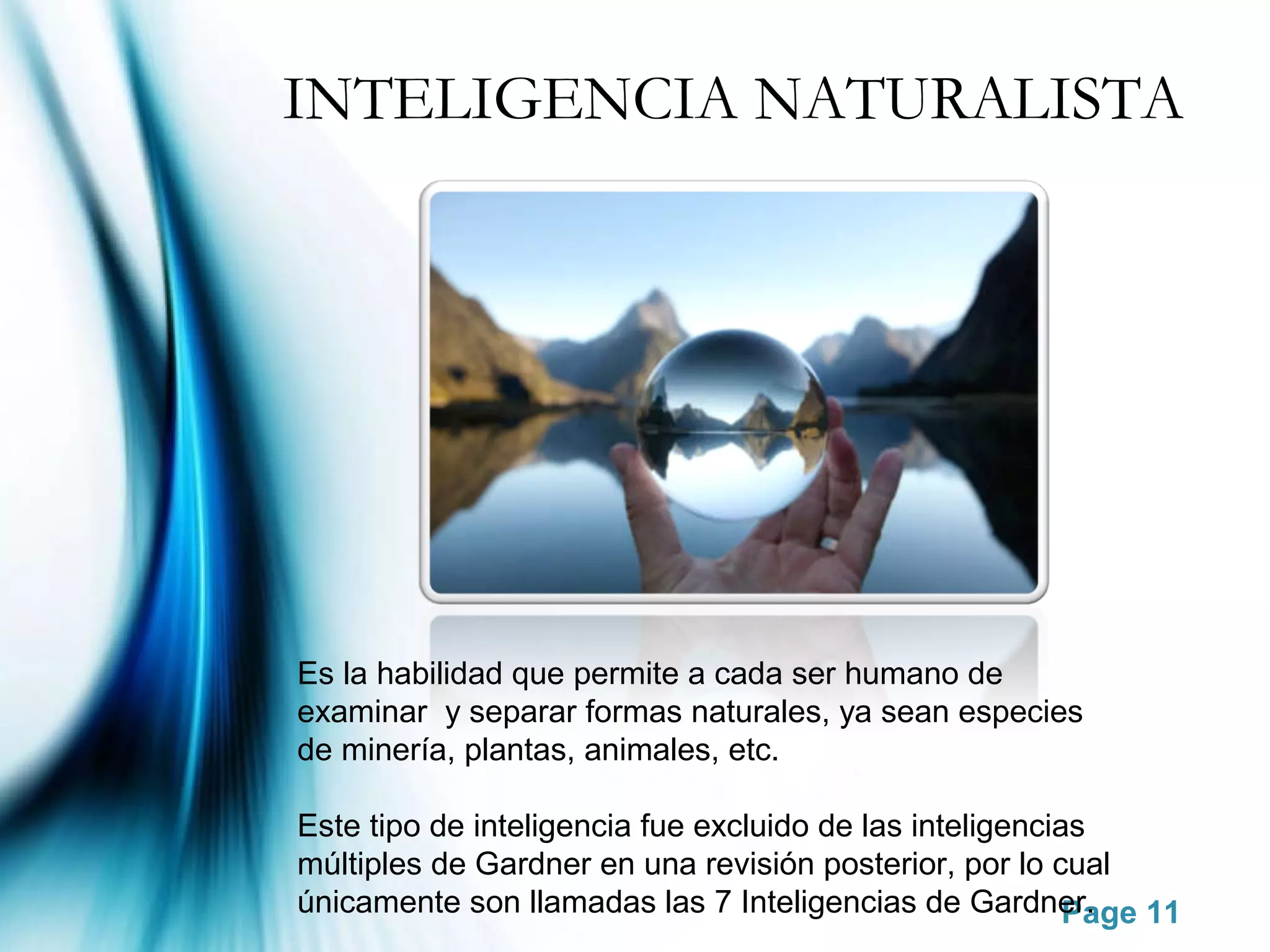 INTELIGENCIA NATURALISTA




Es la habilidad que permite a cada ser humano de
examinar y separar formas naturales, ya sean especies
de minería, plantas, animales, etc.

Este tipo de inteligencia fue excluido de las inteligencias
múltiples de Gardner en una revisión posterior, por lo cual
únicamente son llamadas las 7 Inteligencias de Gardner.   Page 11
 